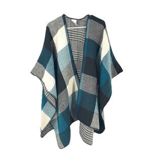 $385 Woolrich 100% Acrylic Double Face Cape Poncho One Size Adult Blue Black OS